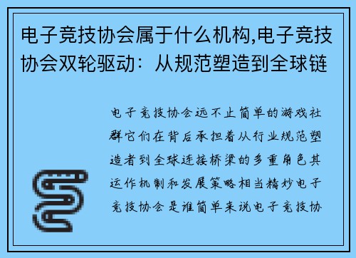 电子竞技协会属于什么机构,电子竞技协会双轮驱动：从规范塑造到全球链接